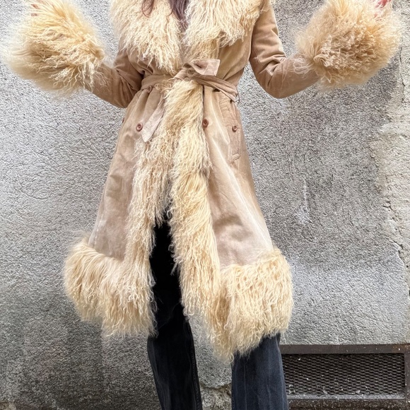 Vintage Charlotte Simone Style Mongolian Fur Afghan Coat Cream Leather S/M - Picture 3 of 5